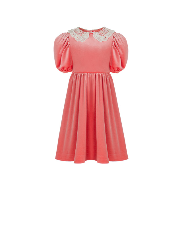 Розовое детское платье из бархата с кружевным воротником, 1