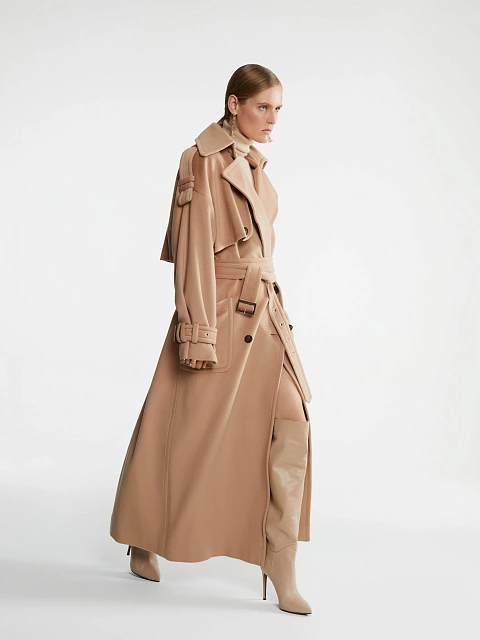 Бежевое двубортное пальто из кашемира с поясом, 5