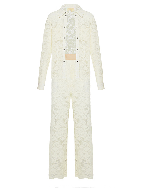 Молочно-белый кружевной костюм из рубашки и брюк, 1