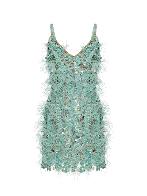 Мятное платье-мини в крупных пайетках и с перьями, 1