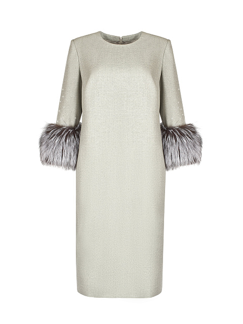 Серое платье-миди с люрексом и мехом лисы, 1