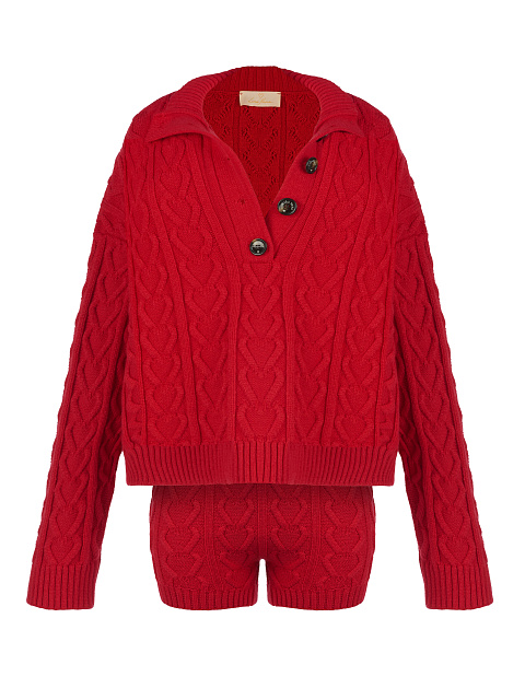 Красный вязаный комплект из пуловера и шорт, 1