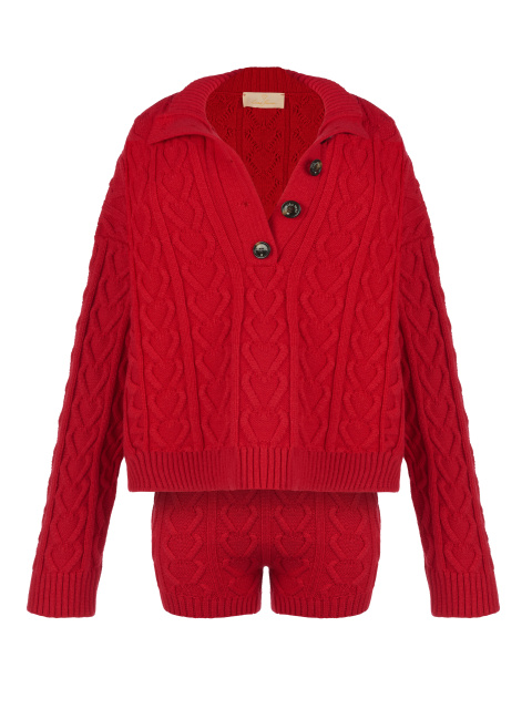 Красный вязаный комплект из пуловера и шорт, 1
