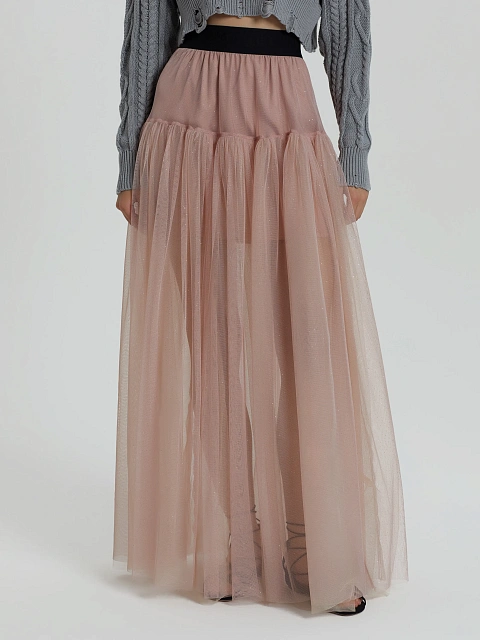 Розовая юбка-макси из прозрачного фатина с блестками, 6