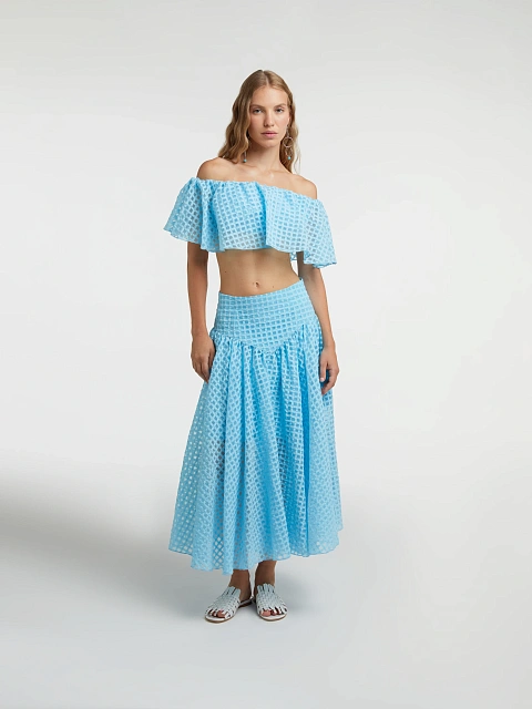 Голубой шифоновый комплект из топа и юбки-миди, 5