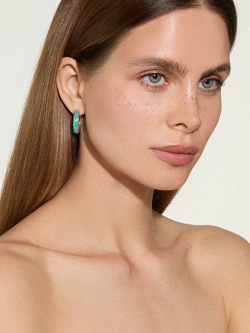 Маленькие хупсы из белого золота с бирюзовой эмалью, 2