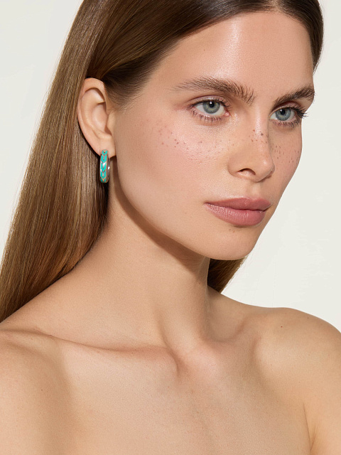 Маленькие хупсы из белого золота с бирюзовой эмалью, 2