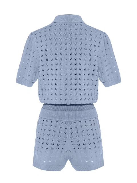 Голубой вязаный комплект из поло и шорт, 4