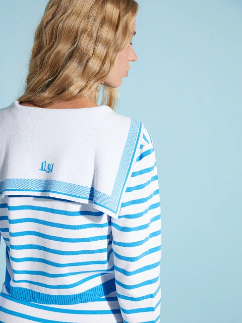 Укороченный белый кардиган в синюю полоску, 6 Укороченный белый кардиган в синюю полоску, 6