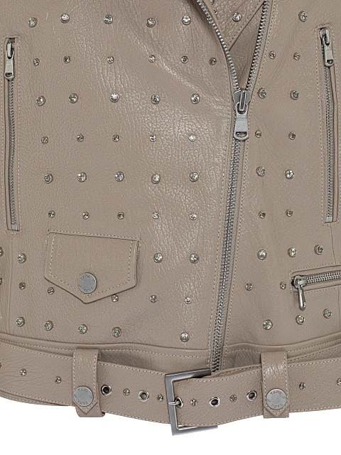 Бежевая кожаная косуха со стразами, 3