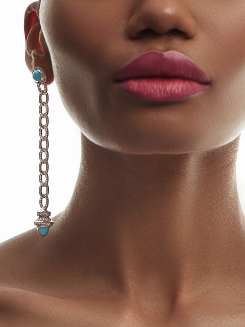 Серьги с каффом из белого золота с кабошонами бирюзы и бриллиантами круглой огранки, 5 Серьги с каффом из белого золота с кабошонами бирюзы и бриллиантами круглой огранки, 5