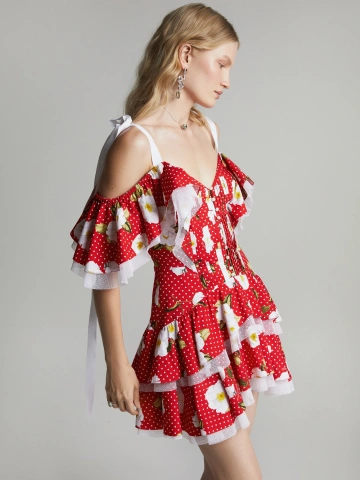 Красное платье-мини из хлопка с цветочным принтом, 2