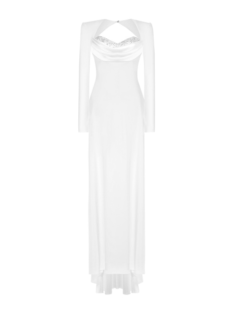 Белое платье-макси из шелка с открытой спиной и стразами, 1