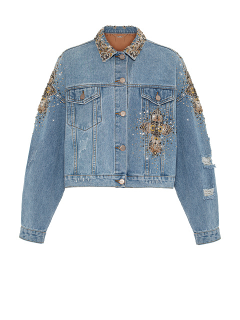 Голубая джинсовая куртка с вышивкой из бисера и кристаллов, 1