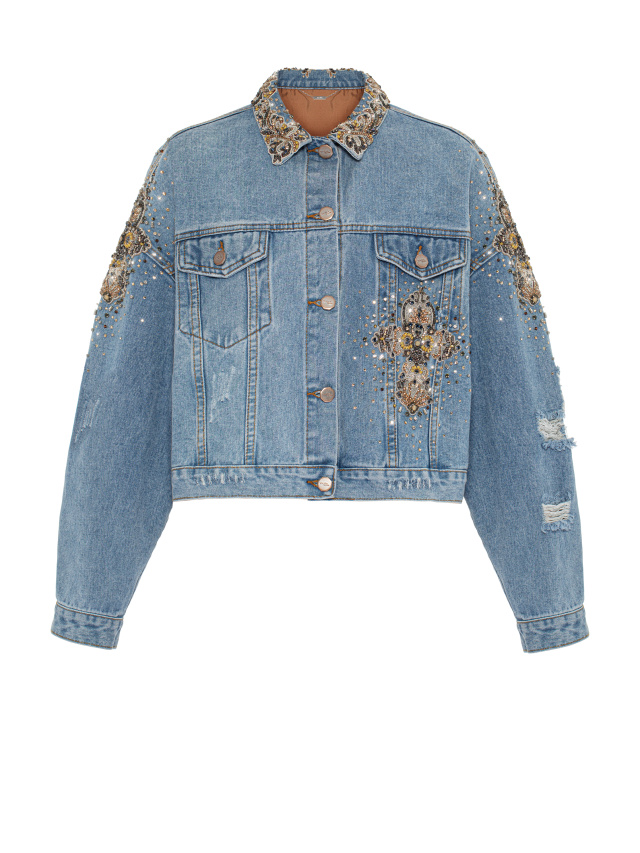 Голубая джинсовая куртка с вышивкой из бисера и кристаллов, 1