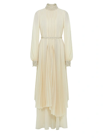 Бежевое платье-макси из плиссированного шифона, 1