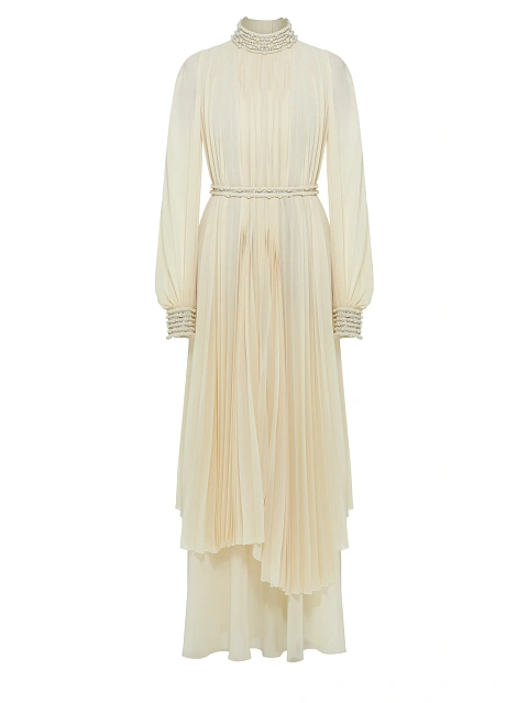 Бежевое платье-макси из плиссированного шифона, 1