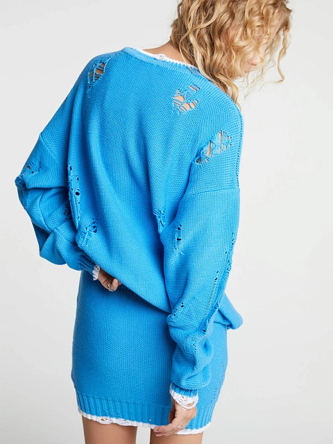 Синий вязаный комплект из свитера и юбки-мини, 9