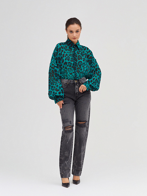 Зеленая блузка с леопардовым принтом из шифона, 7
