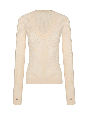 Бежевый пуловер из кашемира с V-вырезом и косами, 1
