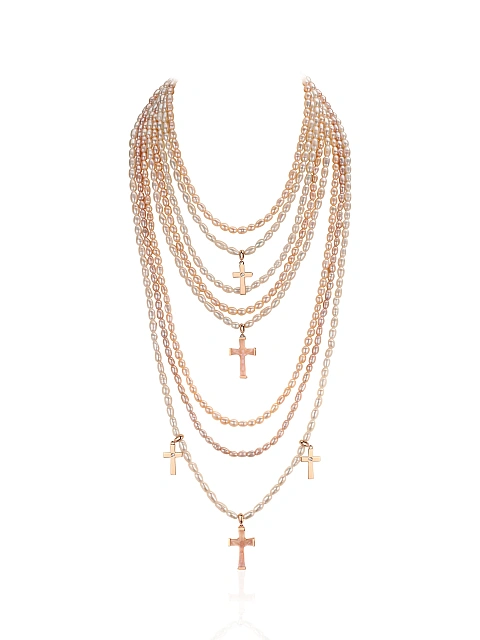 Колье из позолоченного серебра с жемчугом, перламутром и фианитами, 1 Колье из позолоченного серебра с жемчугом, перламутром и фианитами, 1