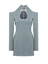Платье мини из серого жаккарда, воротник стойка, вырез капля, открытые плечи,длинный рукав