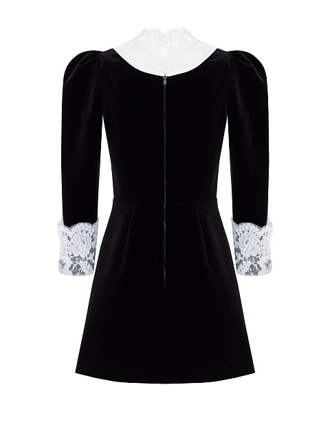 Черное платье-мини из бархата с белым кружевом, 2