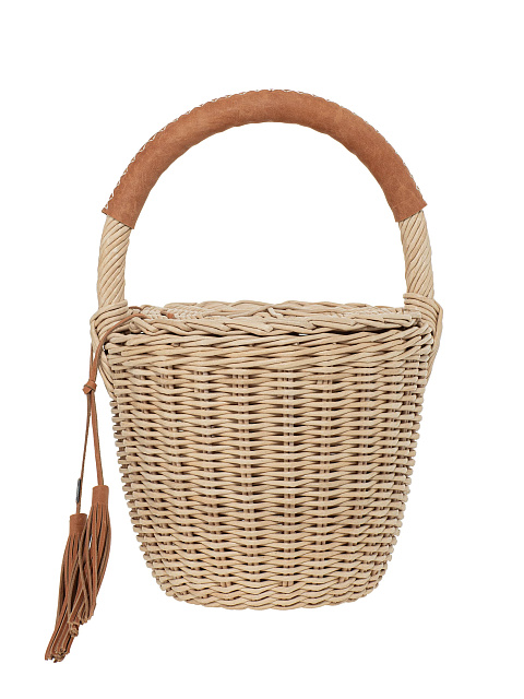 Бежевая сумка-корзина с крышкой и декором из кожи коричневого цвета, 1