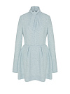 Платье-мини из голубого твида, воротник-стойка, драпировка по лифу, юбка с защипами