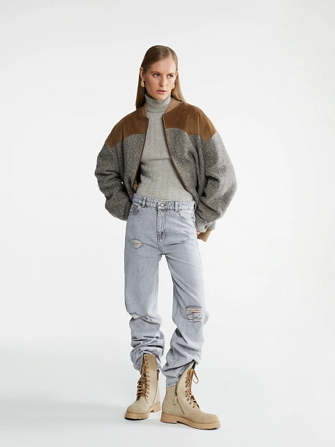 Серый бомбер из шерсти букле с люрексом, 6 Серый бомбер из шерсти букле с люрексом, 6