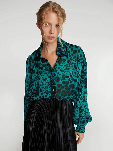 Зеленая блузка с леопардовым принтом из шифона, 2