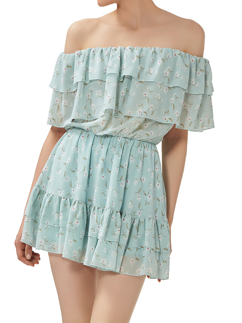 Светло-голубое шифоновое платье-мини с открытыми плечами, 4