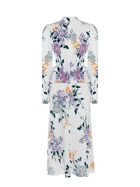 Белое платье-миди из шелка с цветочным принтом и баской, 2