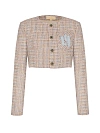 Жакет укороченный из бежево-голубого твида в клетку, карман с нашивкой LY