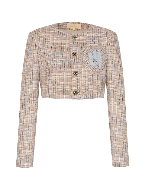 Бежево-голубой укороченный жакет из твида, 1