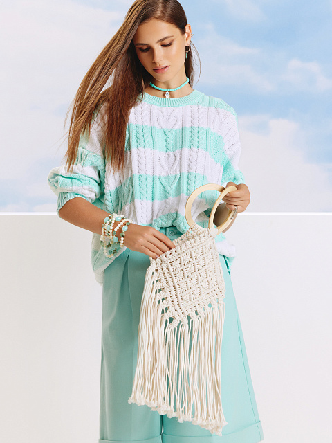 Хлопковый свитер с косами в мятно-белую полоску, 4