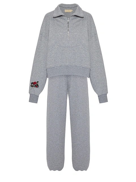 Серый спортивный костюм из футера с вышивкой, 2