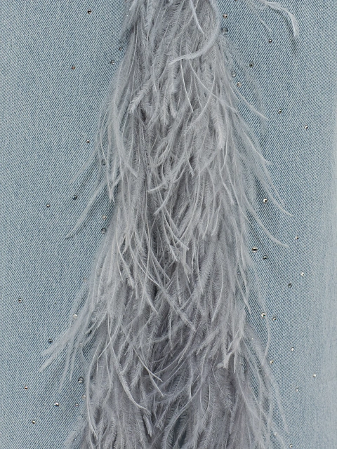 Голубая юбка-макси из денима с разрезом и перьями, 4