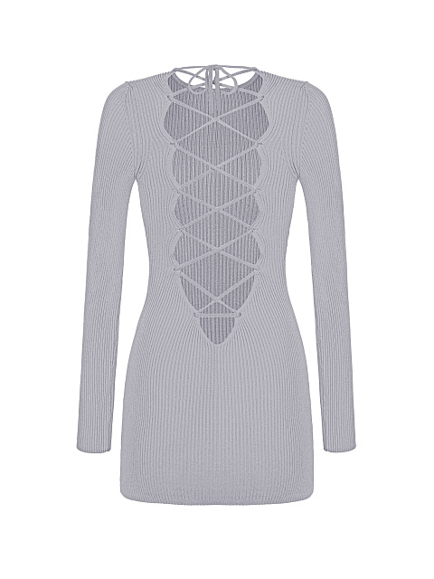 Сиреневое трикотажное платье-мини со шнуровкой на спине, 2 Сиреневое трикотажное платье-мини со шнуровкой на спине, 2