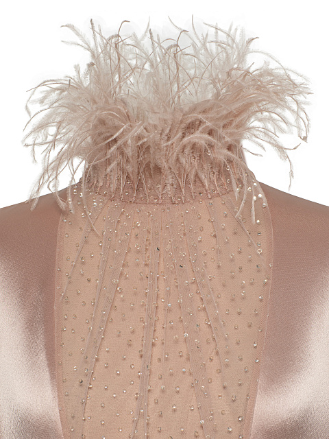 Пудровое платье-макси из шелка с перьями и стразами, 4