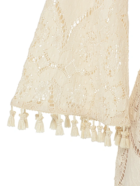 Бежевое кружевное платье-мини на запах с кисточками, 5