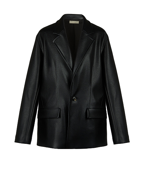 Черный однобортный жакет из эко-кожи, 1