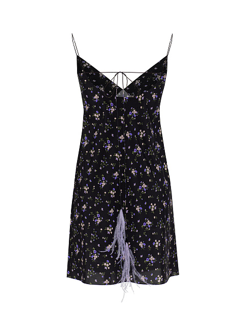 Черное платье-мини из шелка с цветочным принтом и завязками, 2 Черное платье-мини из шелка с цветочным принтом и завязками, 2