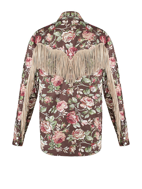 Коричневая рубашка с цветочным принтом и бахромой, 2