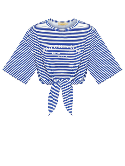 Укороченная синяя футболка в полоску c белым принтом, 1