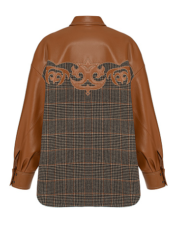 Коричневая рубашка из шерсти с узором и отделкой из кожи, 2