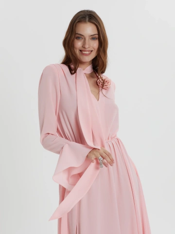 Розовое платье-макси из шифона с розой, 2