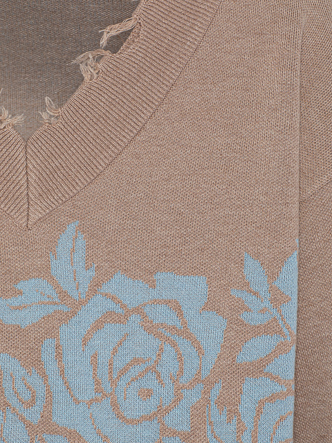 Бежевый пуловер с V-образным вырезом и розами, 3