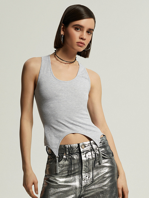 Серая майка из хлопка с кисточками из бисера, 1