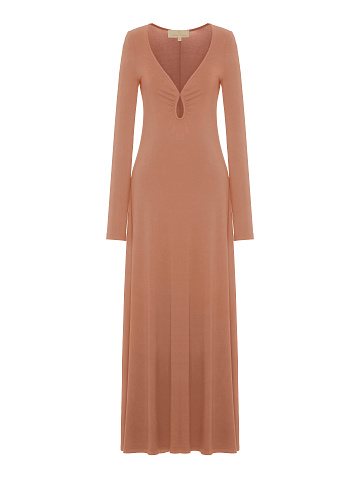 Бежевое трикотажное платье-макси с фигурным вырезом, 1